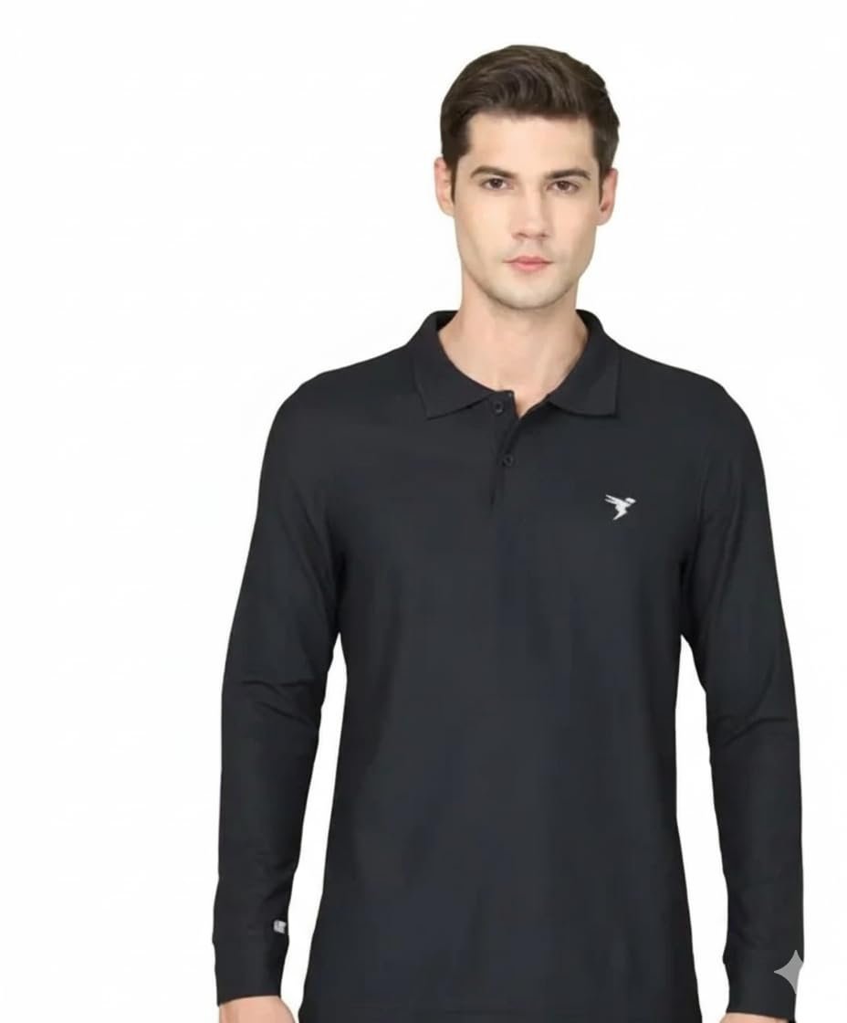 Men's Long Sleeve Polo T-Shirt, Black, Collared Neck, Bird Logo, Casual Wear (4) - Image 2