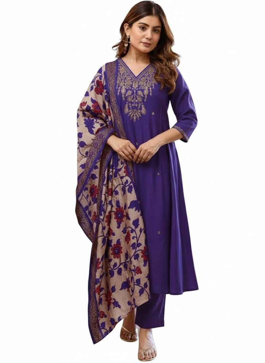 Women Embroidery Straight Kurta and Pant Set with Dupataa Purple