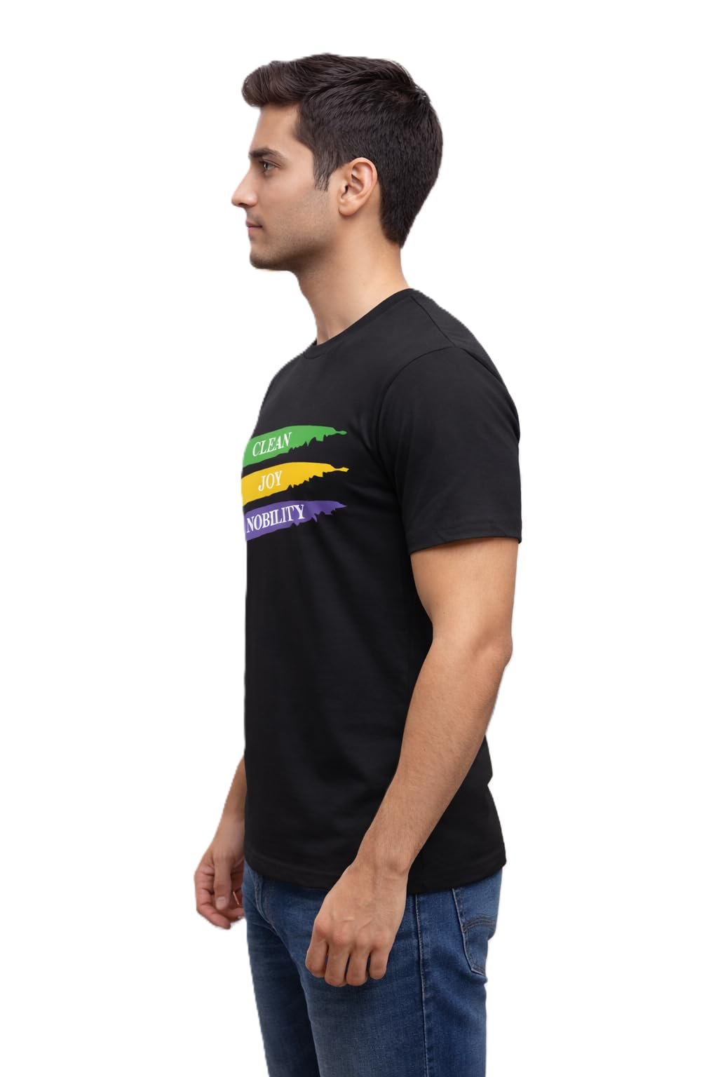 Men’s Cotton Blend Round Neck Half Sleeve Casual Graphic Printed T-Shirt “Clean Joy Nobility” Typography Design | Black - Image 3
