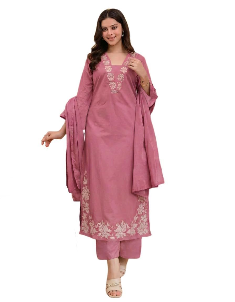 Women's Rayon Viscose Straight Embroidery Kurta with Pant & Dupatta (FULKUMARI Baby Pink_XXL_Baby Pink_XX-Large)