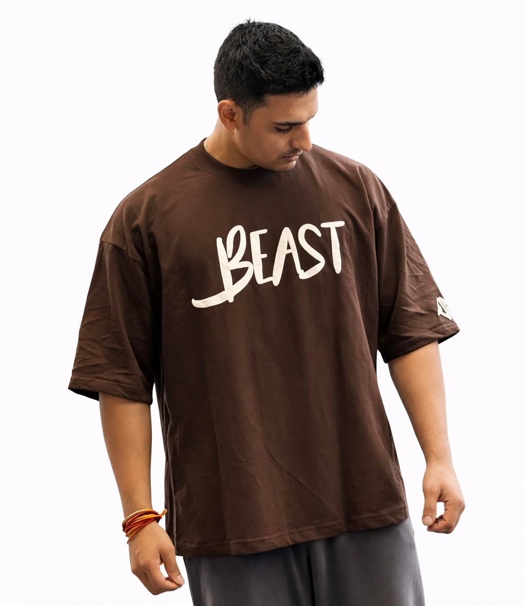 Urban Fits Beast T-Shirt for Men | 240 GSM 100% Cotton | Oversized Baggy Fit | Screen & Puff Print | Unisex | Made in India Brown (in, Alpha, Plus) - Image 2