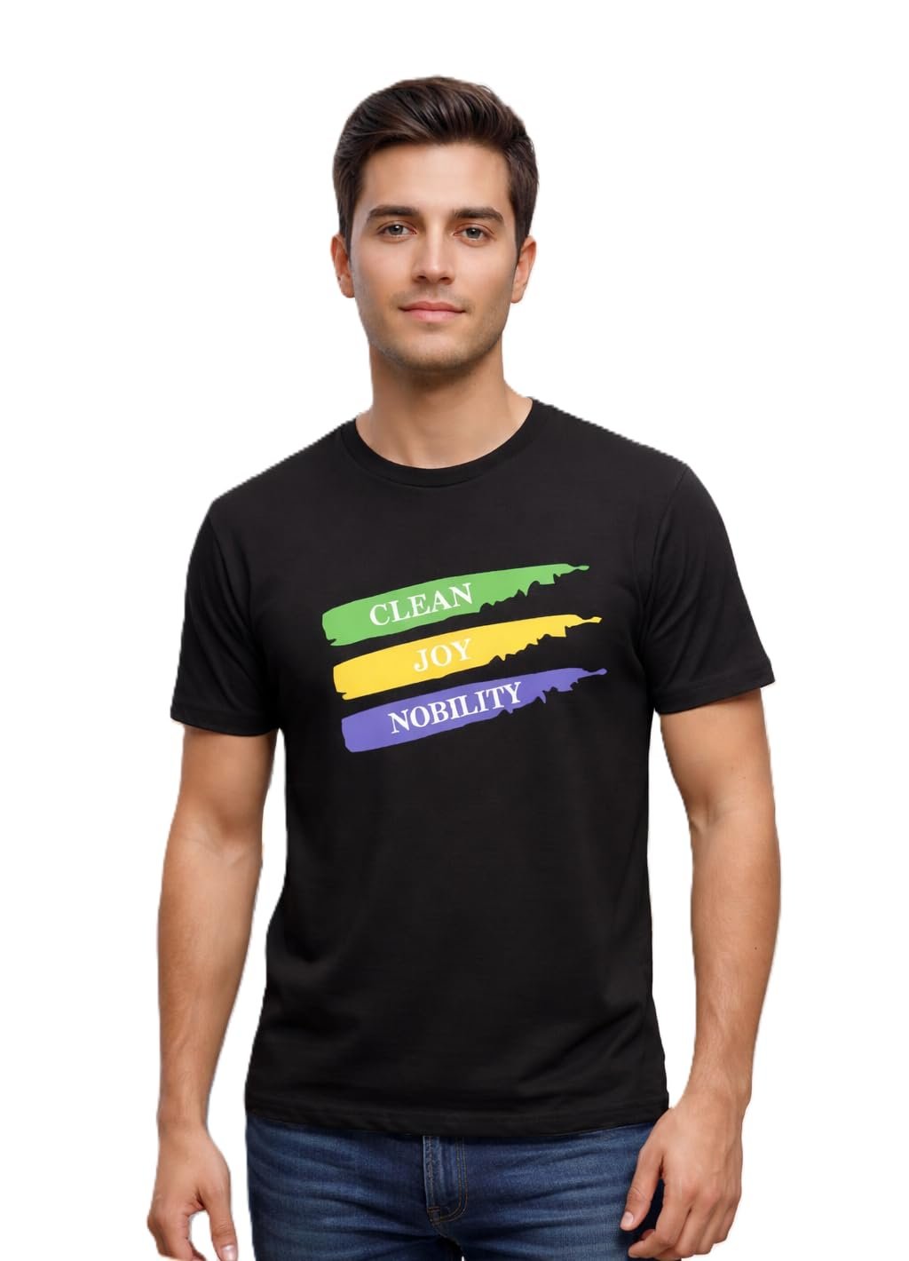 Men’s Cotton Blend Round Neck Half Sleeve Casual Graphic Printed T-Shirt “Clean Joy Nobility” Typography Design | Black