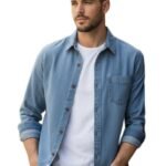 Men's Denim Shirt, Long Sleeve Button Down Casual Shirt with Chest Pocket (in, Alpha, Regular, Sky Blue)