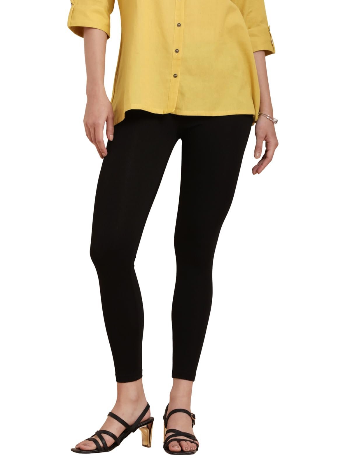 Ankle Leggings for Women | Super Stretchable Cotton Elastane Legging | Wide Waistband | Daily Casual & Kurti Wear Carbon Black