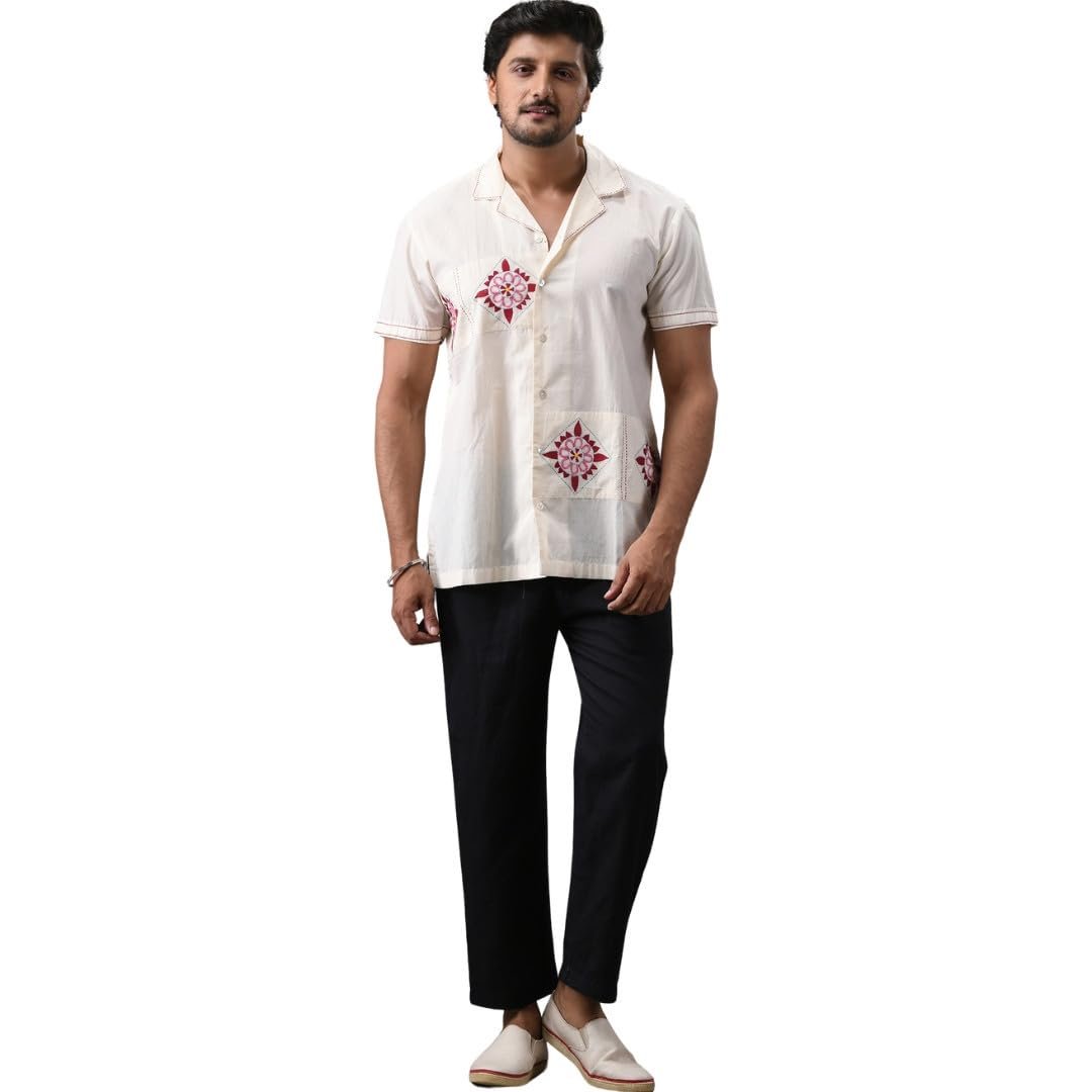 Anushree Malhotra Barfi - Kantha Hand Embroidery Half Sleeve Cuban Collar Shirt 100% Cotton for Men (Unisex) White