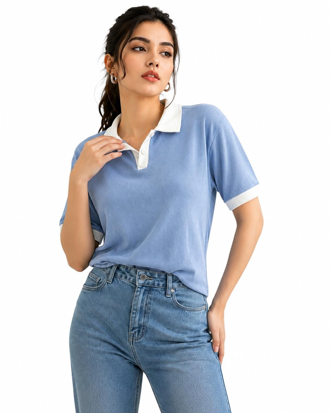 Women's Ribbed Polo T-Shirt, Short Sleeve, Contrast Collar and Cuffs, Casual Woman Top (in, Alpha, Regular, Sky) - Image 2