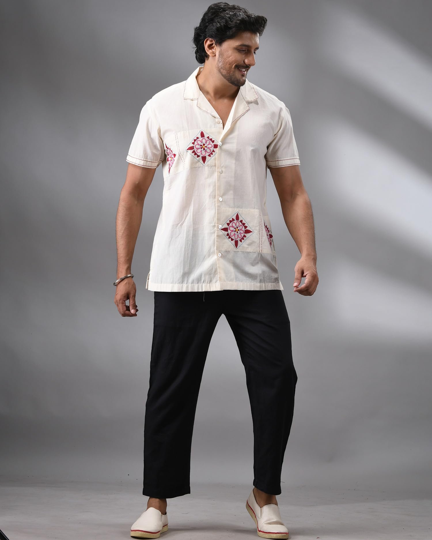 Anushree Malhotra Barfi - Kantha Hand Embroidery Half Sleeve Cuban Collar Shirt 100% Cotton for Men (Unisex) White - Image 2