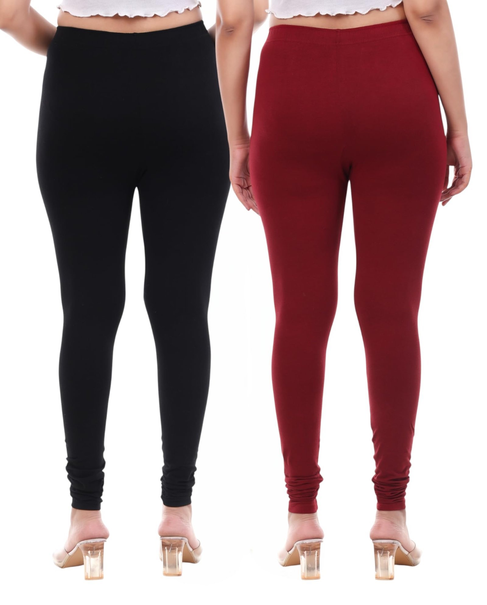 Women Solid Cotton Lycra 4 Way Stretchable Leggings | Combo Pack of 2 Comfortable Churidar-Length Slim Fit Leggings for Women & Girls (in, Alpha, 6XL, Regular, Black & Maroon) - Image 2