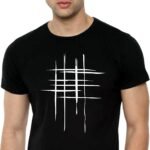 Men Polyester Minimalist Abstract Grid Pattern T-Shirt, Black, Round Neck, Half Sleeve (in, Alpha, Regular, Black)
