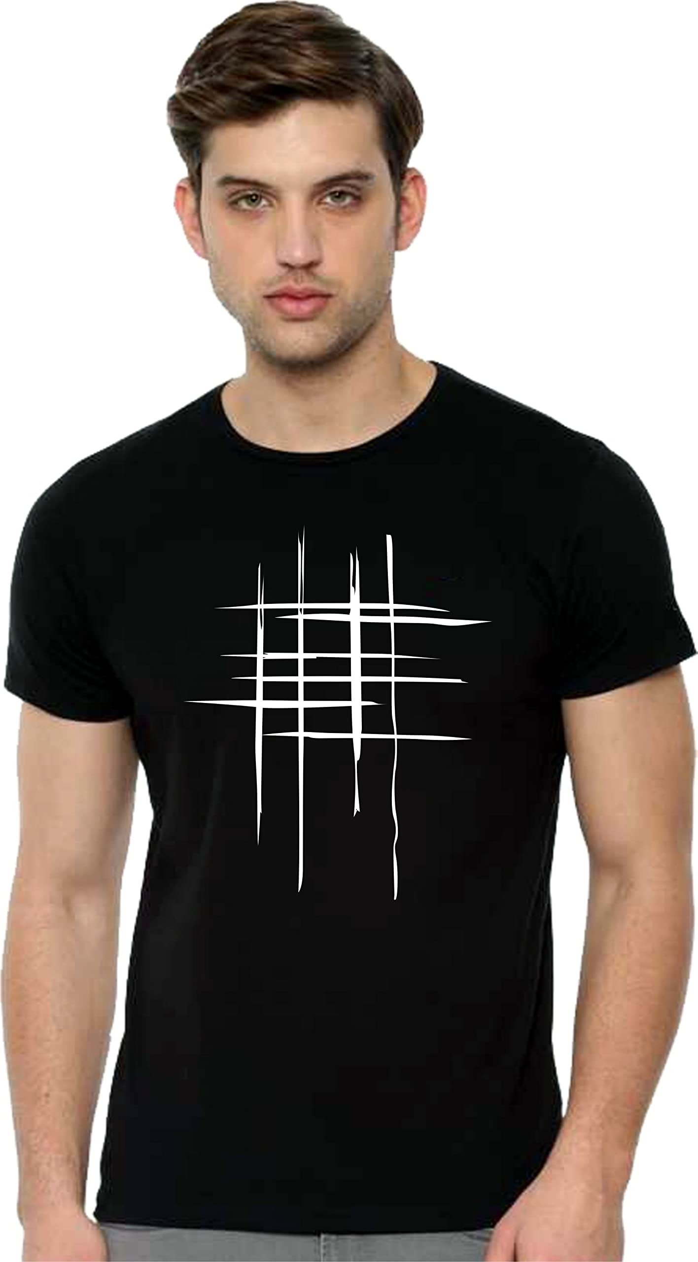 Men Polyester Minimalist Abstract Grid Pattern T-Shirt, Black, Round Neck, Half Sleeve (in, Alpha, Regular, Black)