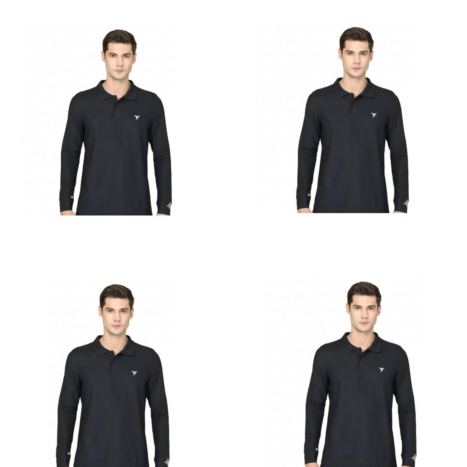 Men's Long Sleeve Polo T-Shirt, Black, Collared Neck, Bird Logo, Casual Wear (4)