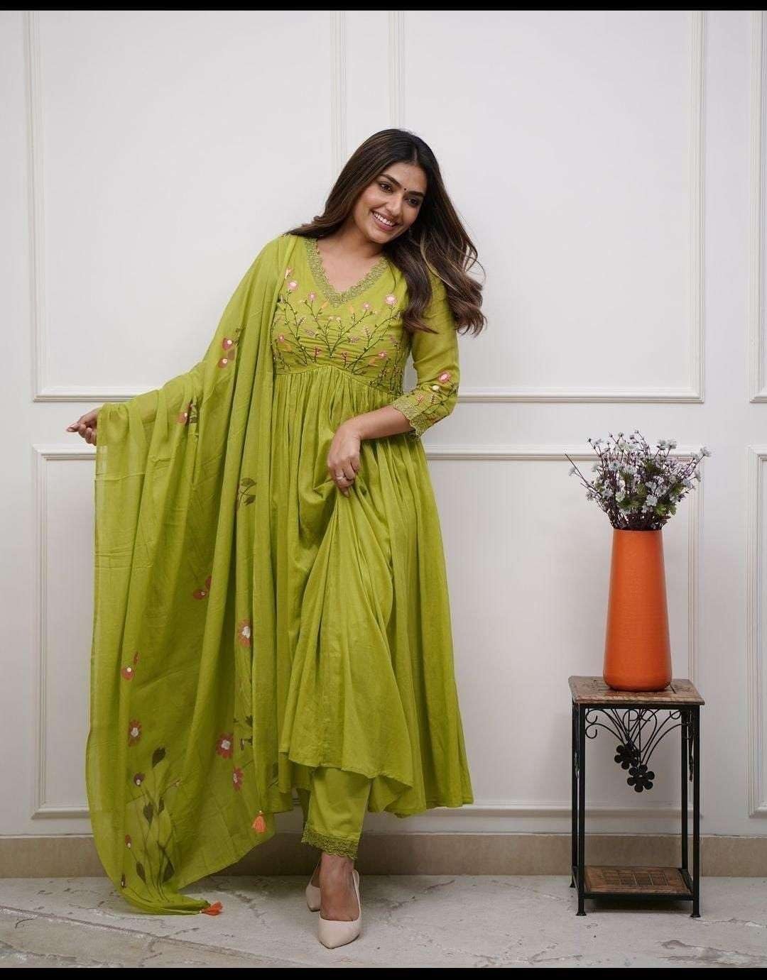 Induscart Global Store Women's Cotton Embroidered Long Anarkali Kurti with Pant and Dupatta Set (Mehendi Green) - Image 5