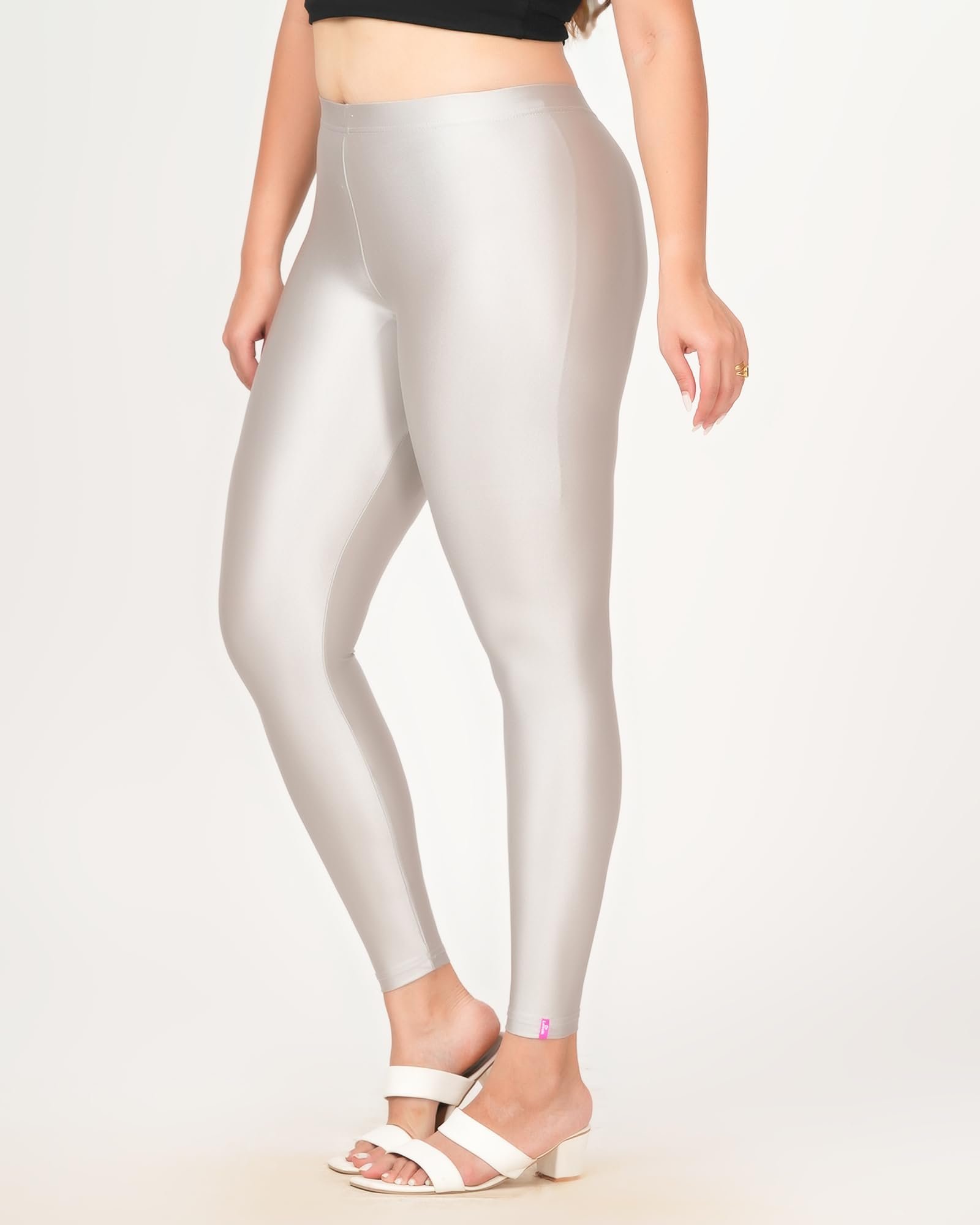 Loveit Ankle Length Shimmer Leggings for Women (Silver; S) - Image 2