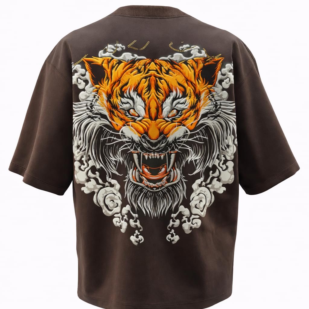 Urban Fits Beast T-Shirt for Men | 240 GSM 100% Cotton | Oversized Baggy Fit | Screen & Puff Print | Unisex | Made in India Brown (in, Alpha, Plus)