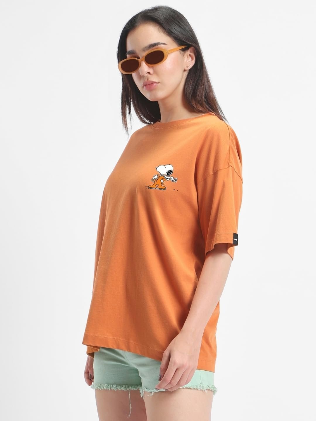 Official Peanuts Merchandise Women's Graphic Print Oversized Fit Half Sleeve Round Neck Cotton T-Shirt_630653_Orange - Image 4