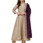 Women’s Grey Silk Embroidery Anarkali Kurta Pant with Dupatta