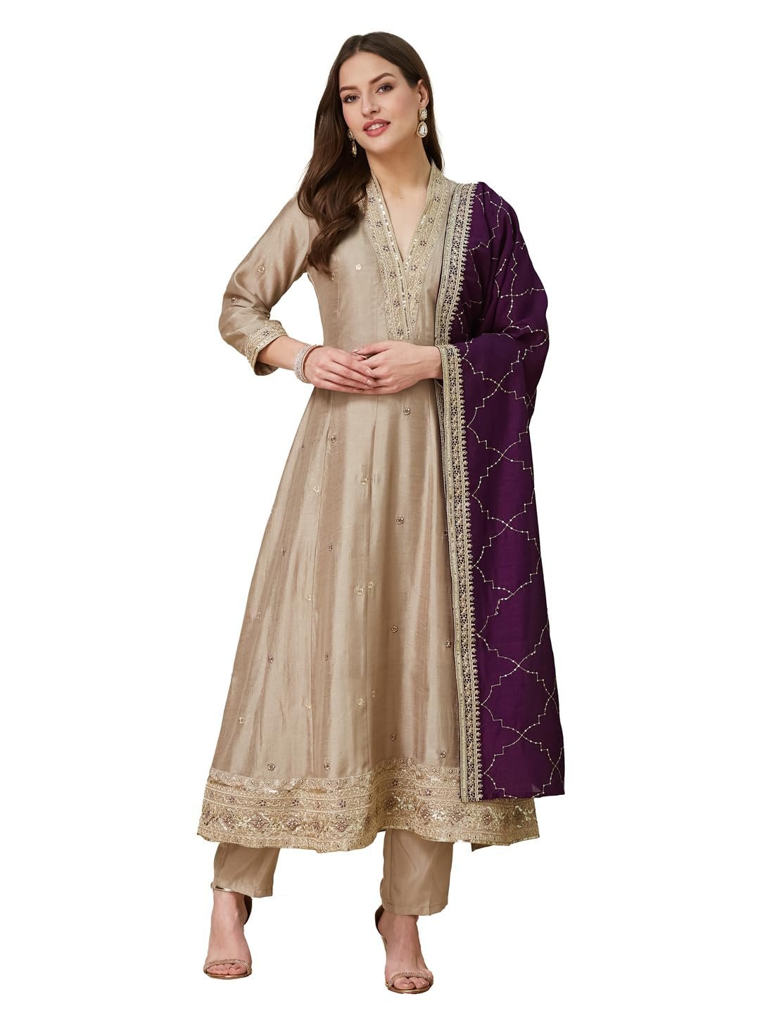 Women’s Grey Silk Embroidery Anarkali Kurta Pant with Dupatta
