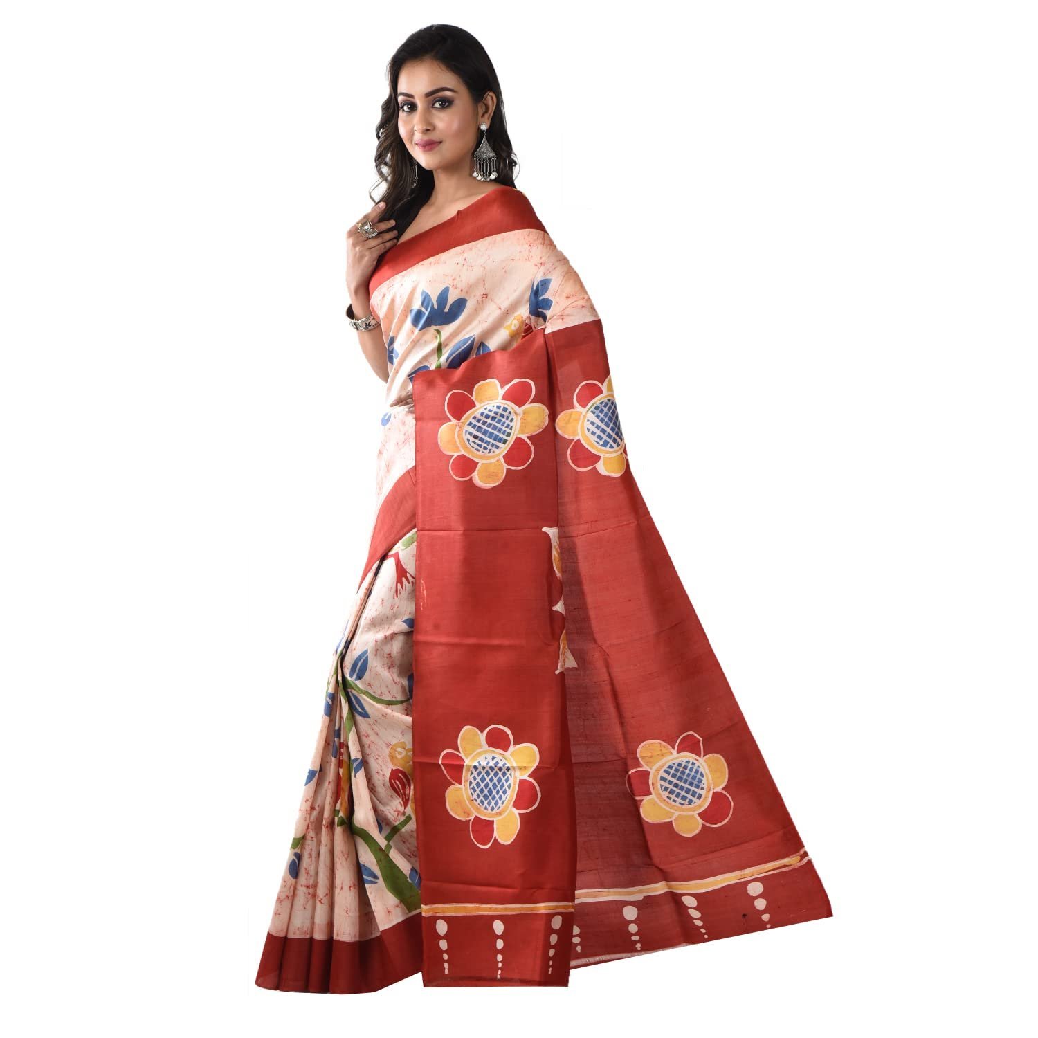 Women's Handwoven Hand Batik Pure Silk Saree and Blouse Piece with Silk Mark (GCD9_Maroon_Cream) - Image 2