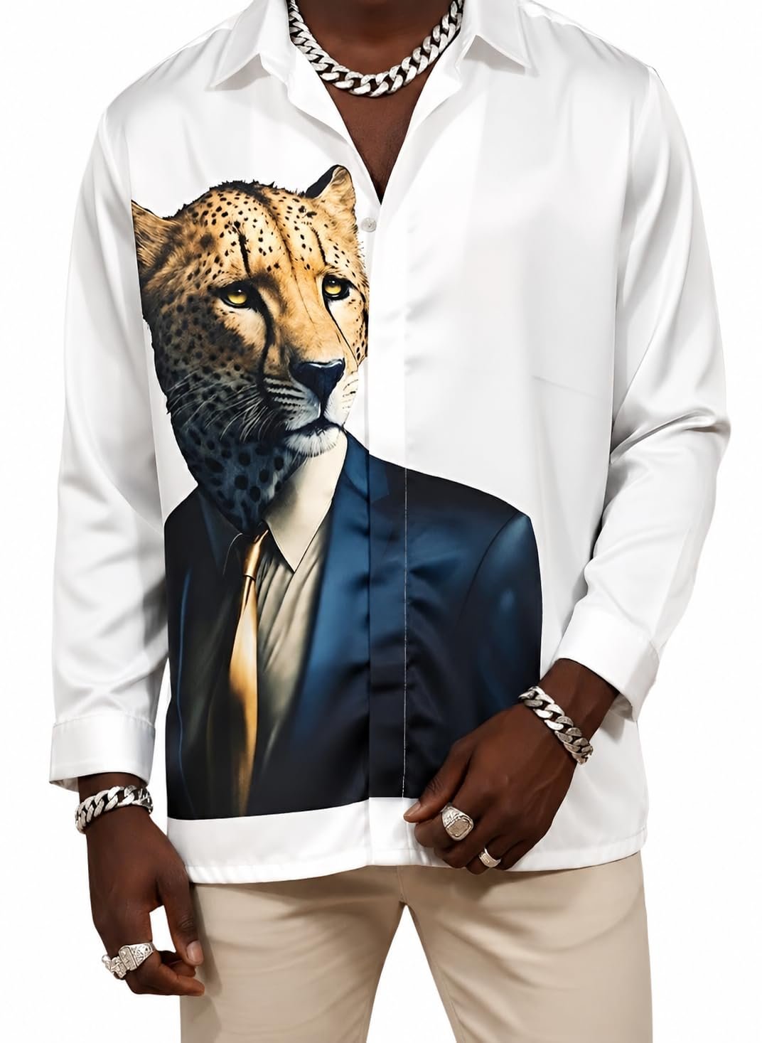 MOG Men's Satin Casual Shirt, Cheetah in Suit Graphic Print, Long Sleeve, Regular Fit, Button-Down, Spread Collar (in, Alpha, Regular, White)