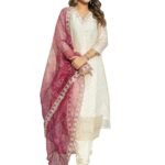 Women's Chanderi Silk Embroidered Kurta with Pant & Organza Dupatta Set | Casual Outfit Ethnic Kurta Set for Women | Modern & Traditional Blend Ethnic Wear (White_Small)