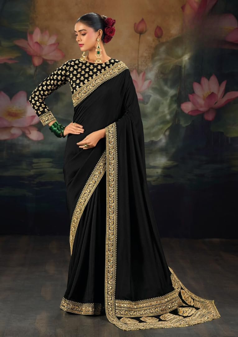 Red Embroidered Saree with Golden Border, Traditional Indian Ethnic Wear, Embellished Blouse (BLACK)