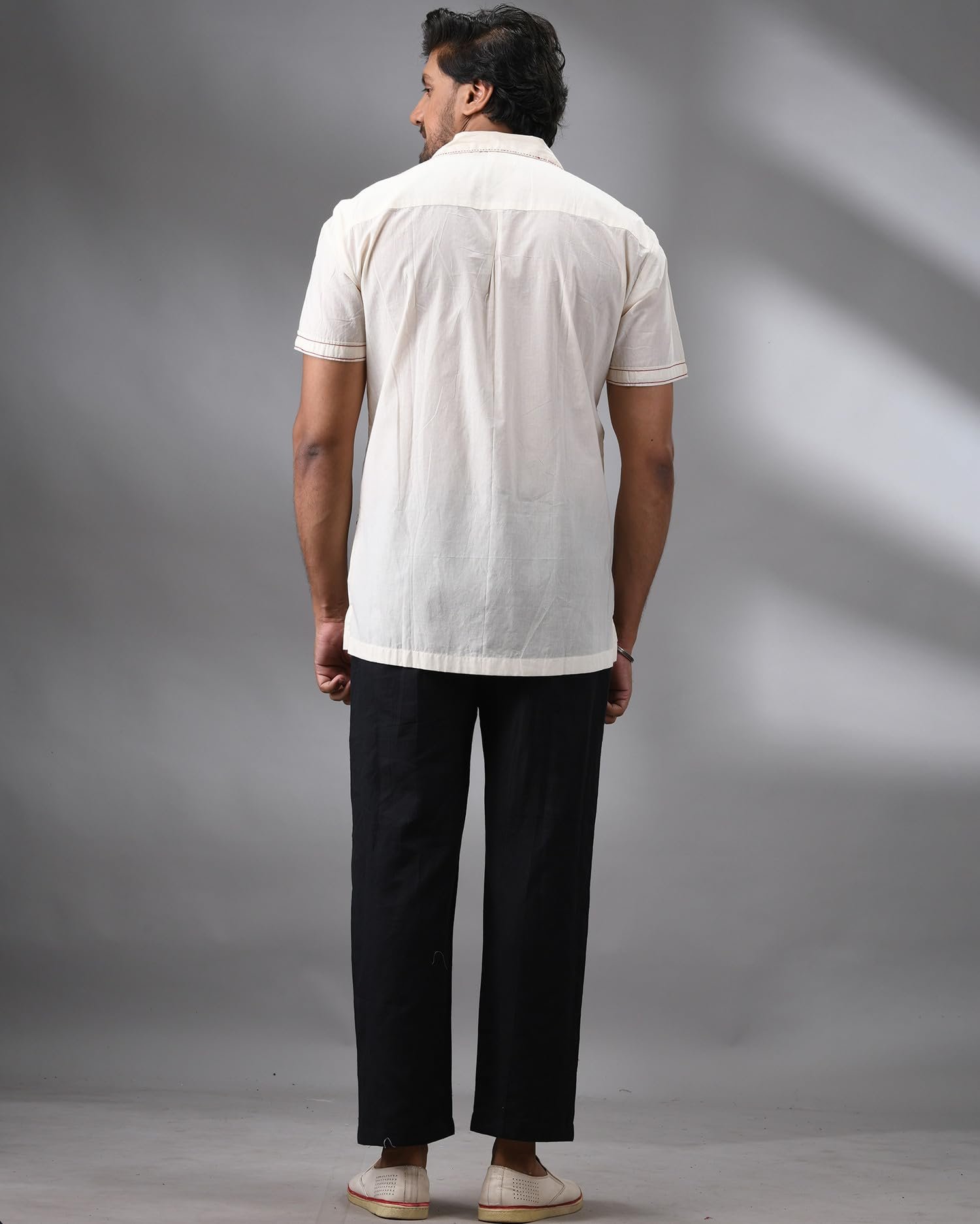 Anushree Malhotra Barfi - Kantha Hand Embroidery Half Sleeve Cuban Collar Shirt 100% Cotton for Men (Unisex) White - Image 5