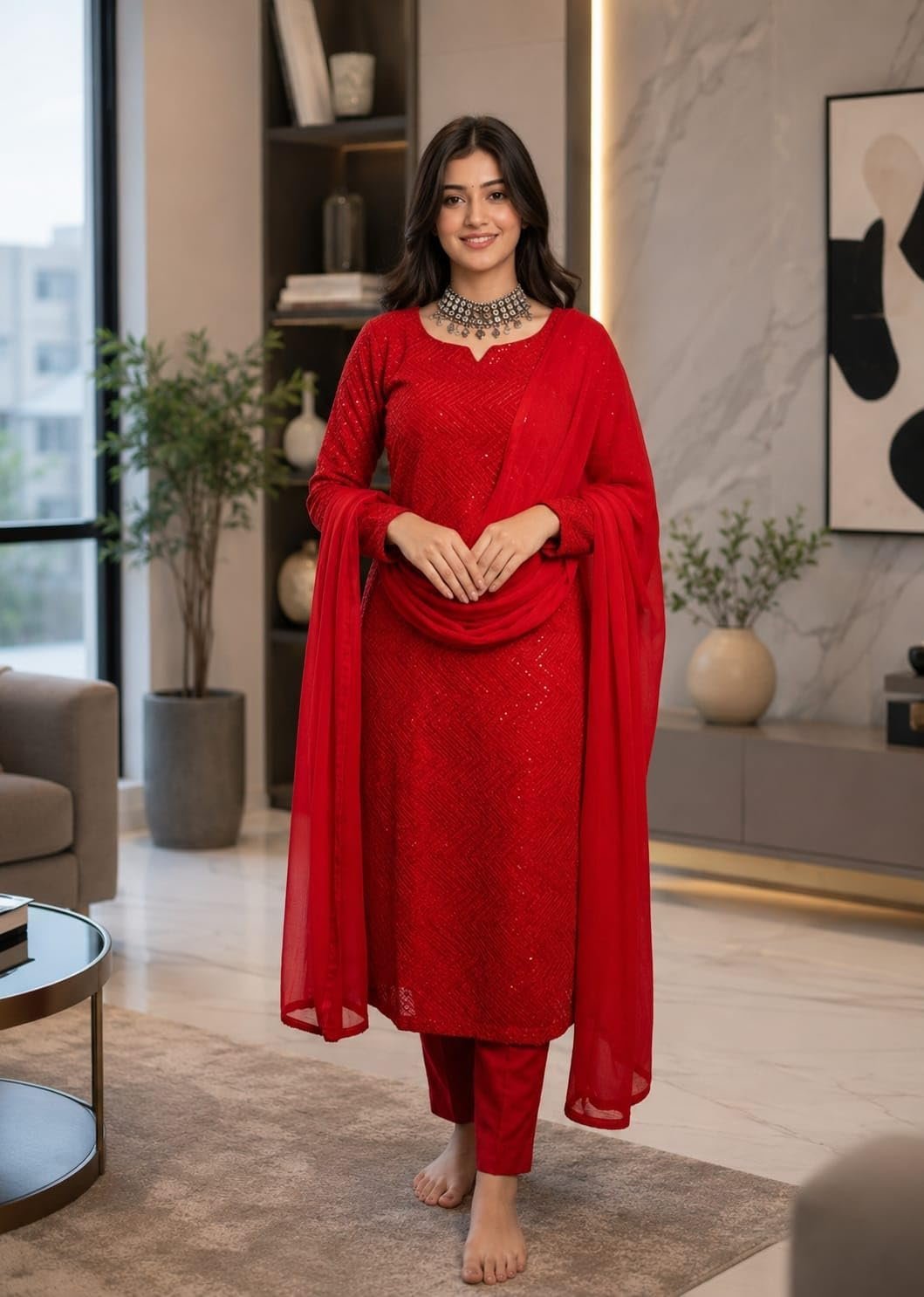 Women's Chikankari Georgette Red Embroidery Kurta Set with Pant and Dupatta | Traditional Ethnic Co-ord Set for Women | Office, Casual Wear-(AZ-YS-OG2-KS2394 RED) - Image 2
