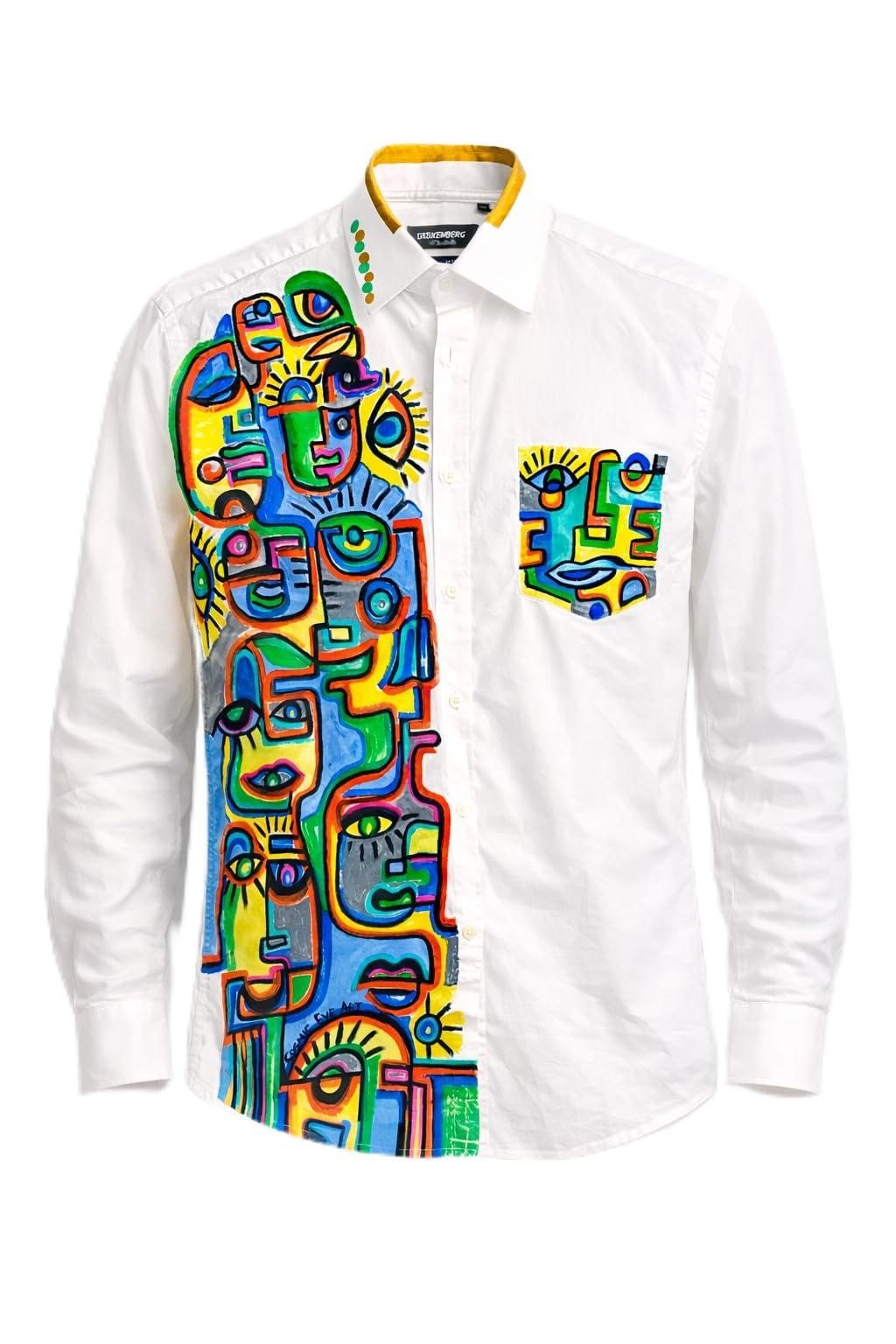Hand Painted Artistic White Cotton Shirt | Abstract Face Figurine Colorful Art Design | Designer Wearable Art