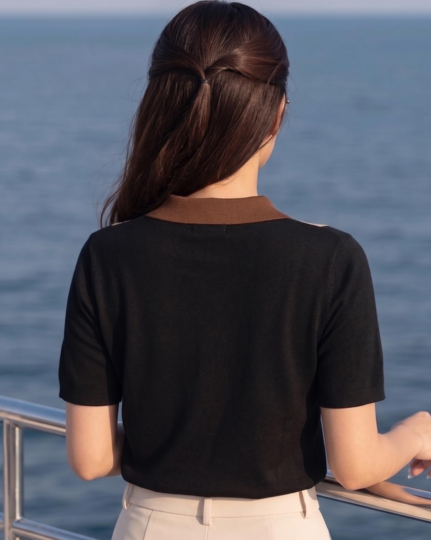 Women’s Casual Summer Polo Knit T-Shirt | Zip Collar Top | Half Sleeves | Ribbed Panel Design | Lightweight Comfort | Regular Fit - Image 3