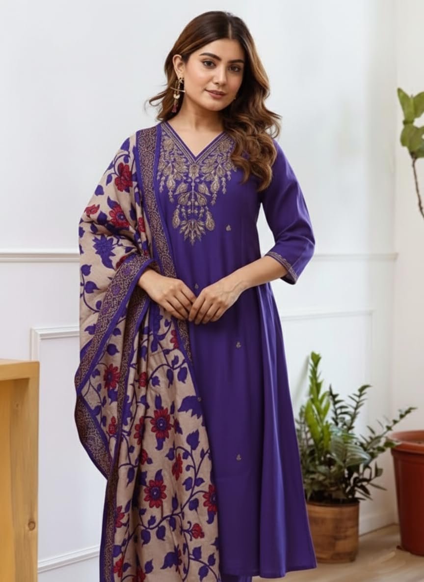 Women Embroidery Straight Kurta and Pant Set with Dupataa Purple - Image 2