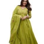 Induscart Global Store Women's Cotton Embroidered Long Anarkali Kurti with Pant and Dupatta Set (Mehendi Green)