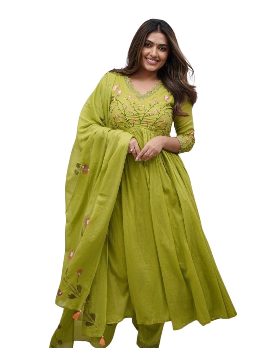 Induscart Global Store Women's Cotton Embroidered Long Anarkali Kurti with Pant and Dupatta Set (Mehendi Green)