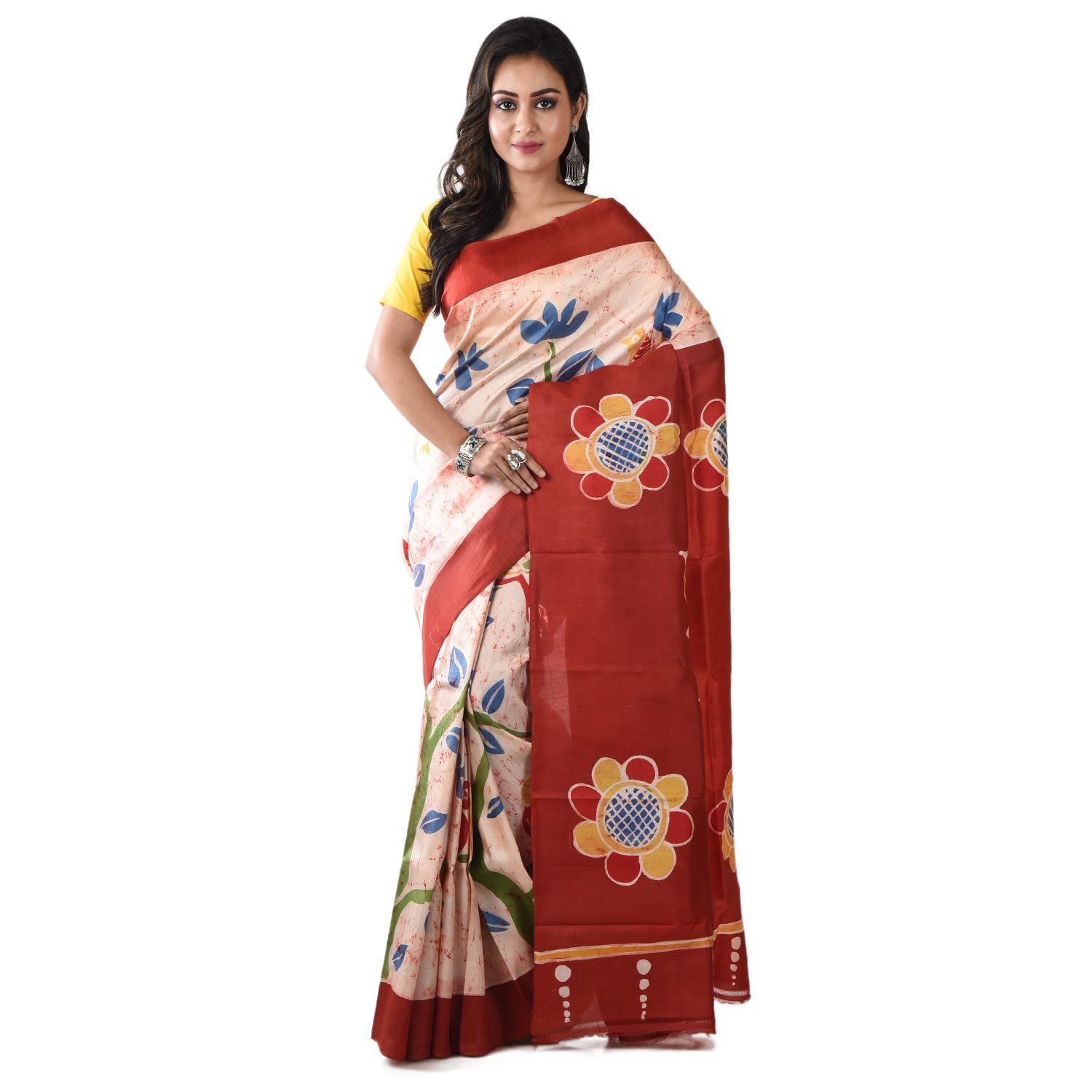 Women's Handwoven Hand Batik Pure Silk Saree and Blouse Piece with Silk Mark (GCD9_Maroon_Cream)