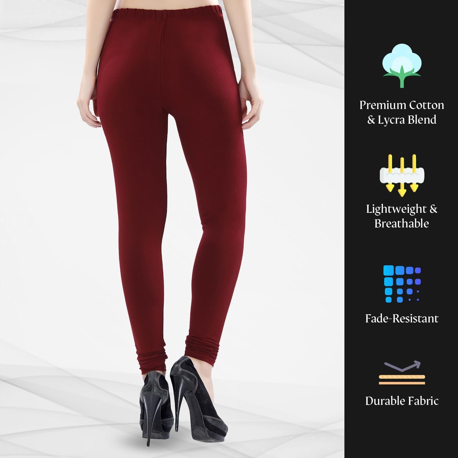 Ultra Soft Cotton High Rise 4 Way Stretchable Churidar Solid Regular and Plus 20 Colours Leggings for Women's and Girls -Size :-2XL, Colour - Maroon - Image 4