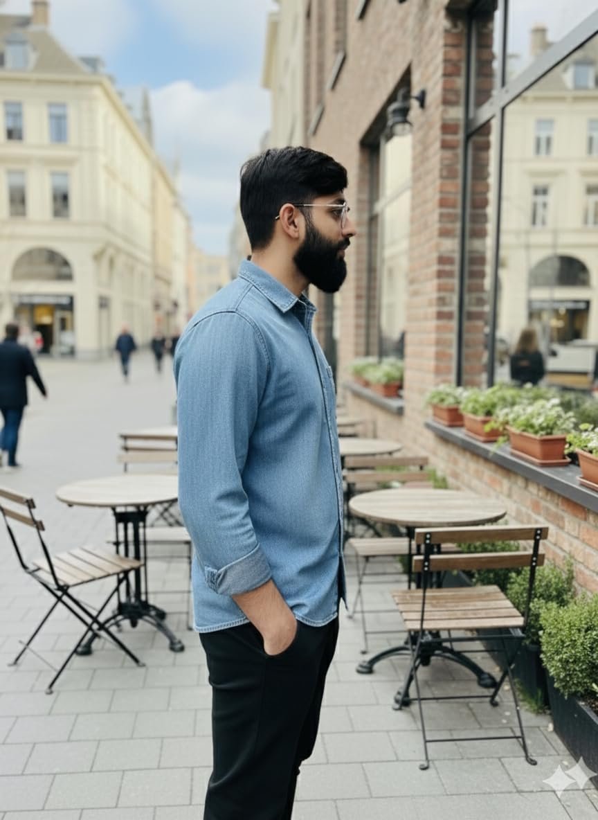 Men's Denim Shirt, Light Blue, Long Sleeve, Casual Button Down (in, Alpha, Regular, Sky Blue) - Image 3