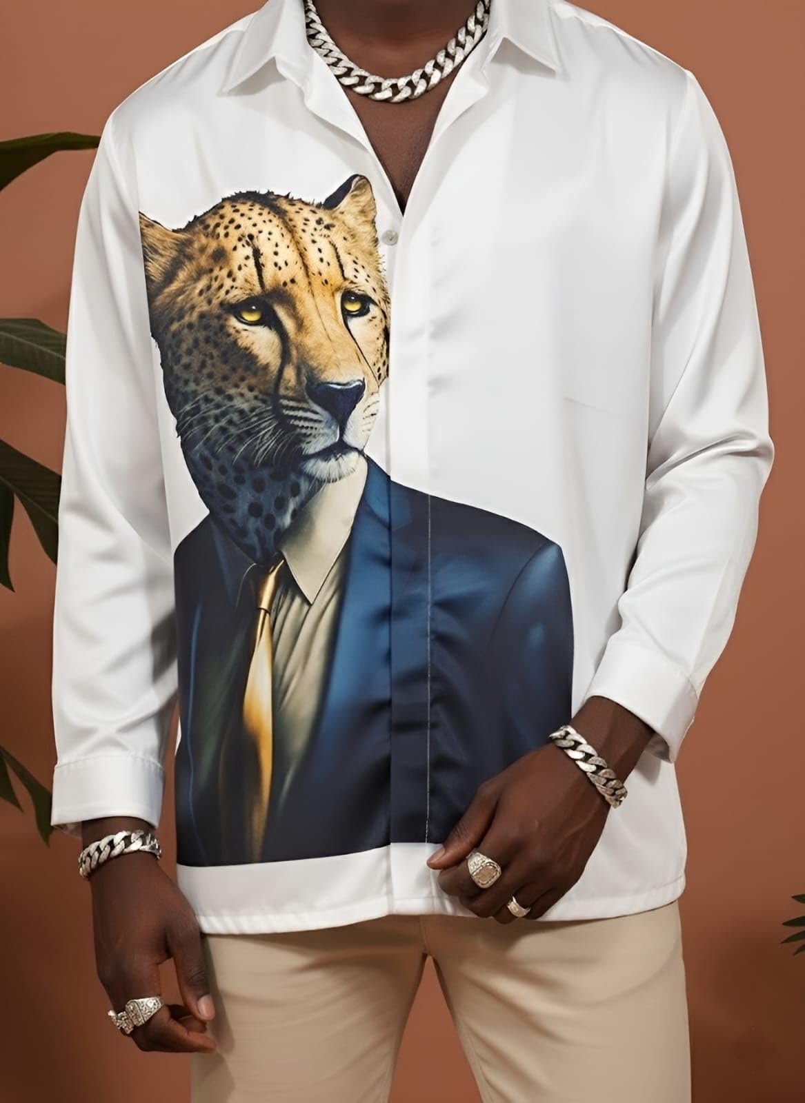 MOG Men's Satin Casual Shirt, Cheetah in Suit Graphic Print, Long Sleeve, Regular Fit, Button-Down, Spread Collar (in, Alpha, Regular, White) - Image 2