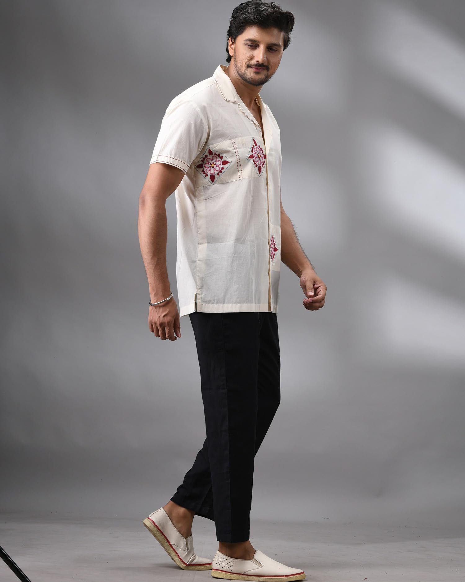 Anushree Malhotra Barfi - Kantha Hand Embroidery Half Sleeve Cuban Collar Shirt 100% Cotton for Men (Unisex) White - Image 4