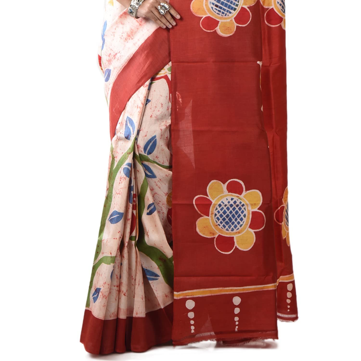 Women's Handwoven Hand Batik Pure Silk Saree and Blouse Piece with Silk Mark (GCD9_Maroon_Cream) - Image 5