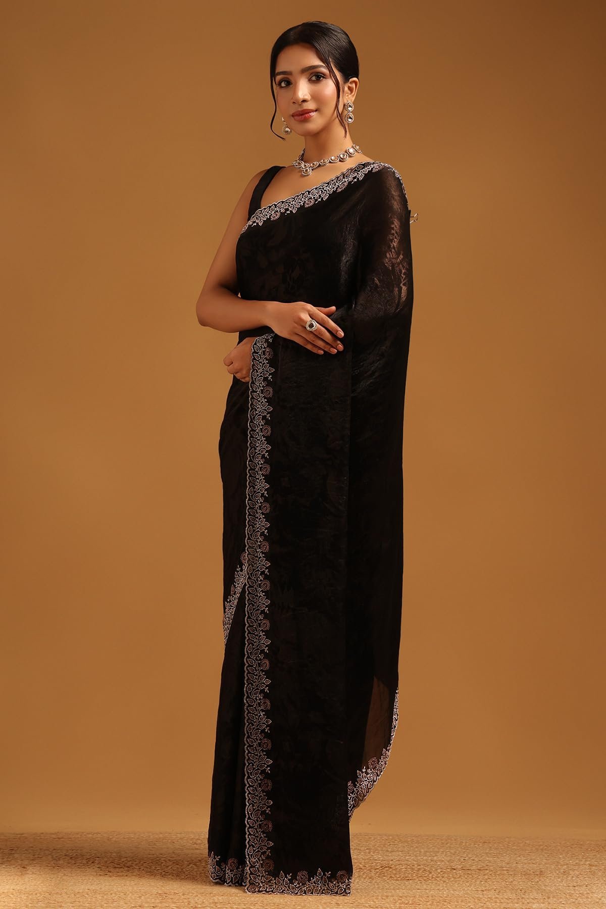 Womens Black Organza Saree With Stone Work - Image 2