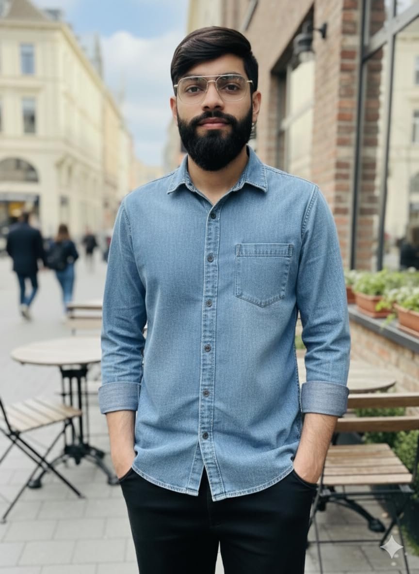 Men's Denim Shirt, Light Blue, Long Sleeve, Casual Button Down (in, Alpha, Regular, Sky Blue) - Image 4
