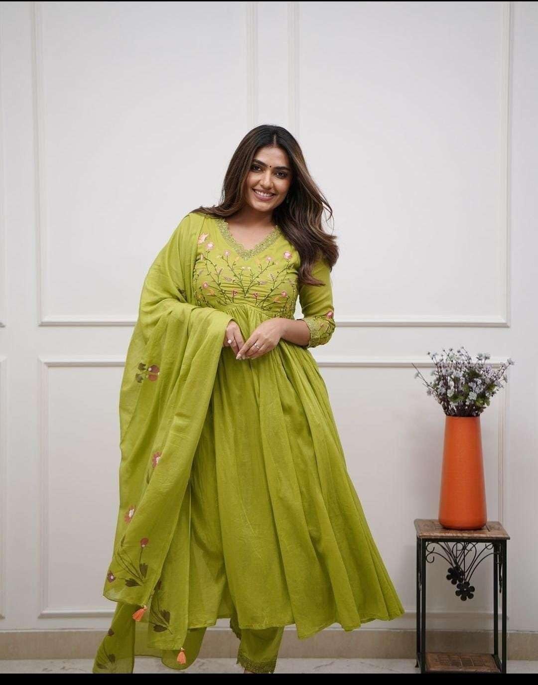 Induscart Global Store Women's Cotton Embroidered Long Anarkali Kurti with Pant and Dupatta Set (Mehendi Green) - Image 3