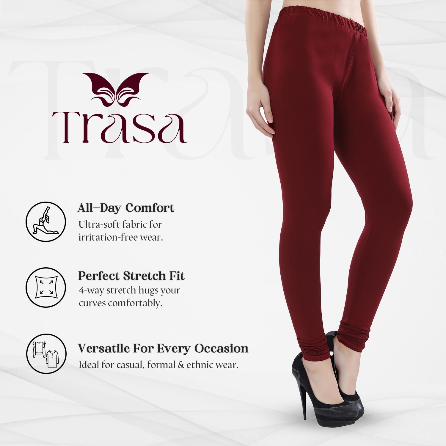Ultra Soft Cotton High Rise 4 Way Stretchable Churidar Solid Regular and Plus 20 Colours Leggings for Women's and Girls -Size :-2XL, Colour - Maroon - Image 2