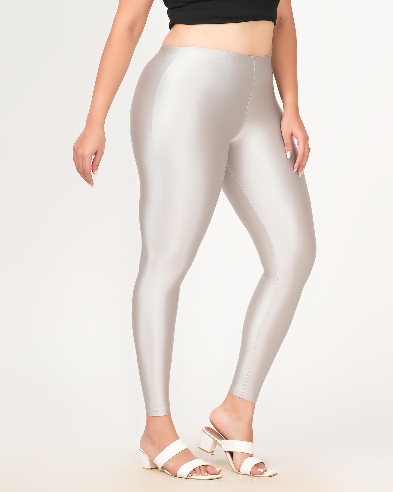 Loveit Ankle Length Shimmer Leggings for Women (Silver; S) - Image 3