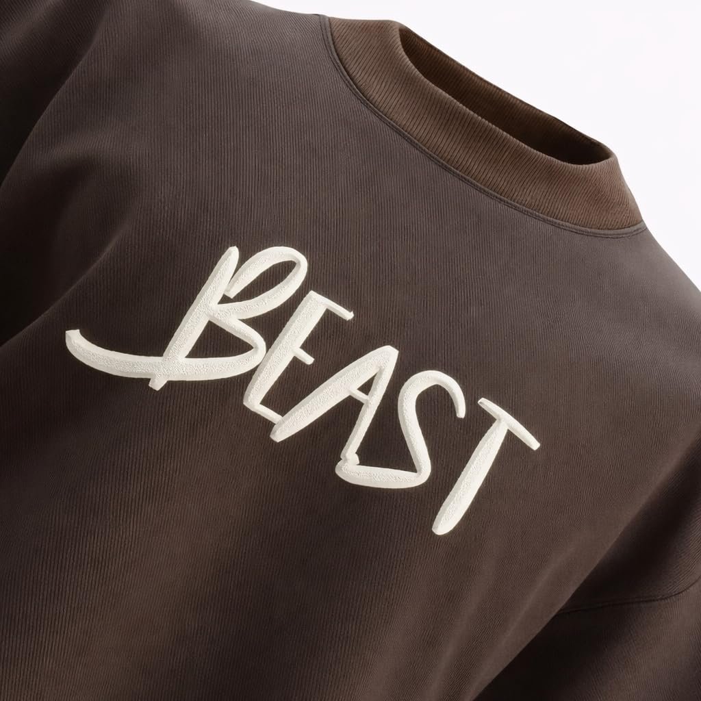 Urban Fits Beast T-Shirt for Men | 240 GSM 100% Cotton | Oversized Baggy Fit | Screen & Puff Print | Unisex | Made in India Brown (in, Alpha, Plus) - Image 3