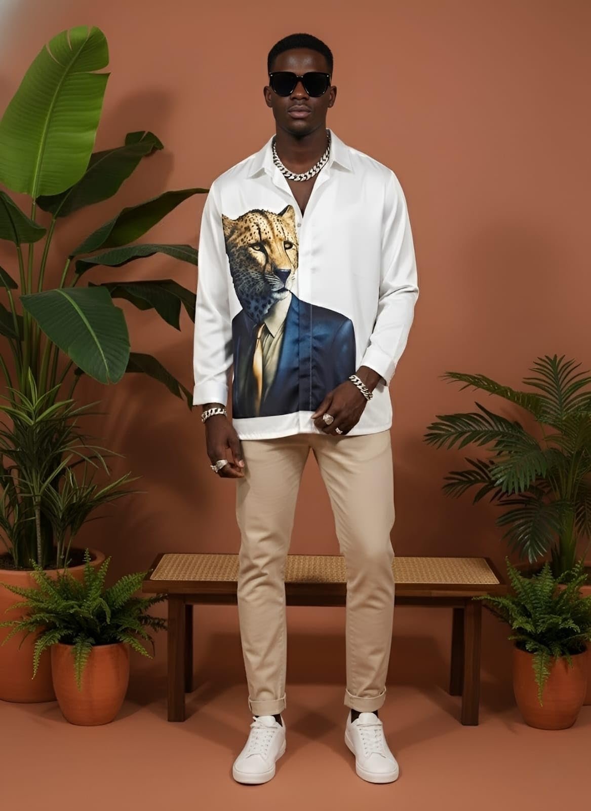 MOG Men's Satin Casual Shirt, Cheetah in Suit Graphic Print, Long Sleeve, Regular Fit, Button-Down, Spread Collar (in, Alpha, Regular, White) - Image 3