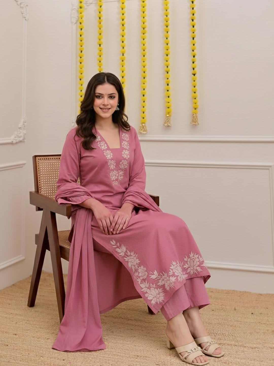 Women's Rayon Viscose Straight Embroidery Kurta with Pant & Dupatta (FULKUMARI Baby Pink_XXL_Baby Pink_XX-Large) - Image 4