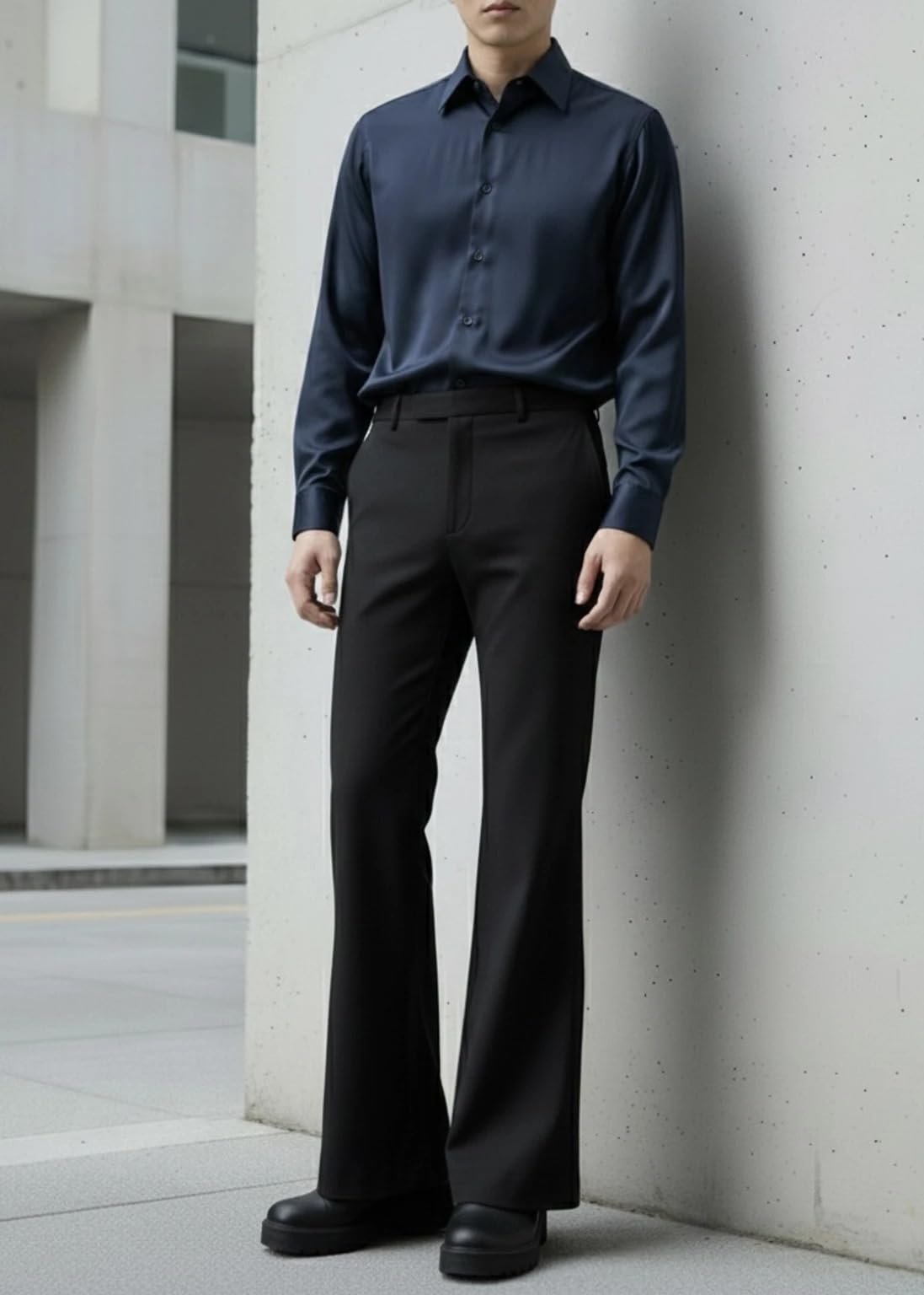 Men's Slim-Fit Flared Trouser, Japnese febric High-Waisted Modern Bootcut Bellbottom Pant, Black (in, Numeric, Regular) - Image 3