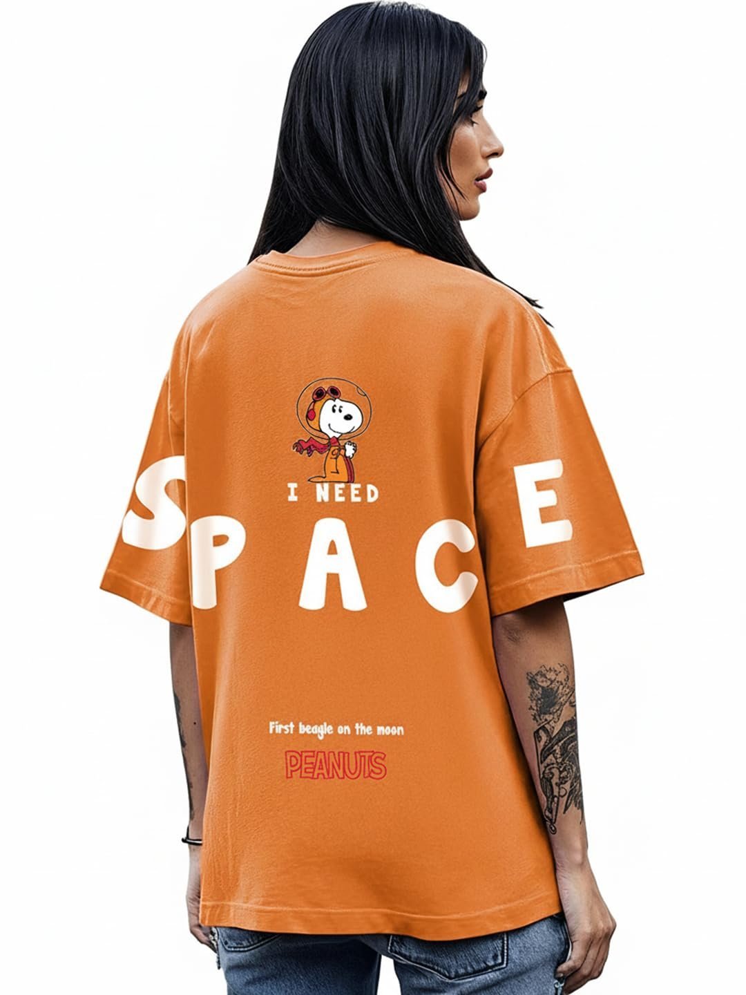 Official Peanuts Merchandise Women's Graphic Print Oversized Fit Half Sleeve Round Neck Cotton T-Shirt_630653_Orange