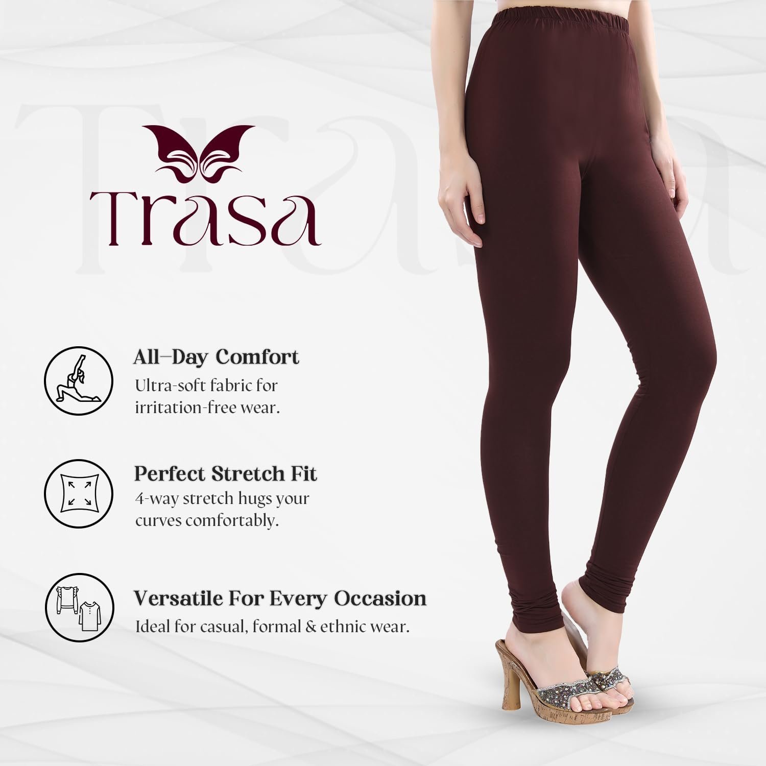 Women's Ultra Soft Cotton 4 Way Stretchable Churidar Solid Regular and Plus 20 Colours Leggings s and Girls -Size :-3XL, Colour - Brown, High Rise - Image 2
