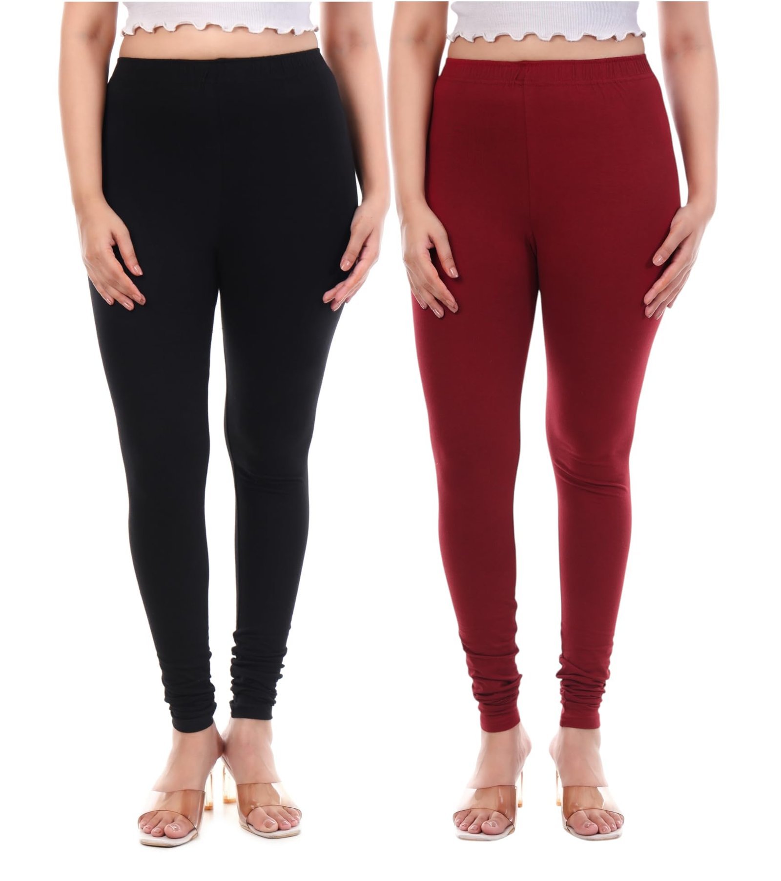 Women Solid Cotton Lycra 4 Way Stretchable Leggings | Combo Pack of 2 Comfortable Churidar-Length Slim Fit Leggings for Women & Girls (in, Alpha, 6XL, Regular, Black & Maroon)